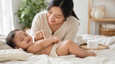 A mother smoothing cream onto a laughing baby's forearm on a bed, a pot of emollient on a wooden tray beside them