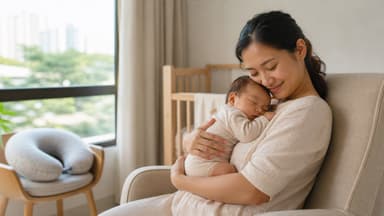 A mother resting back in a nursing chair with her baby asleep upright against her chest, a feeding pillow on the chair beside her and a cot behind