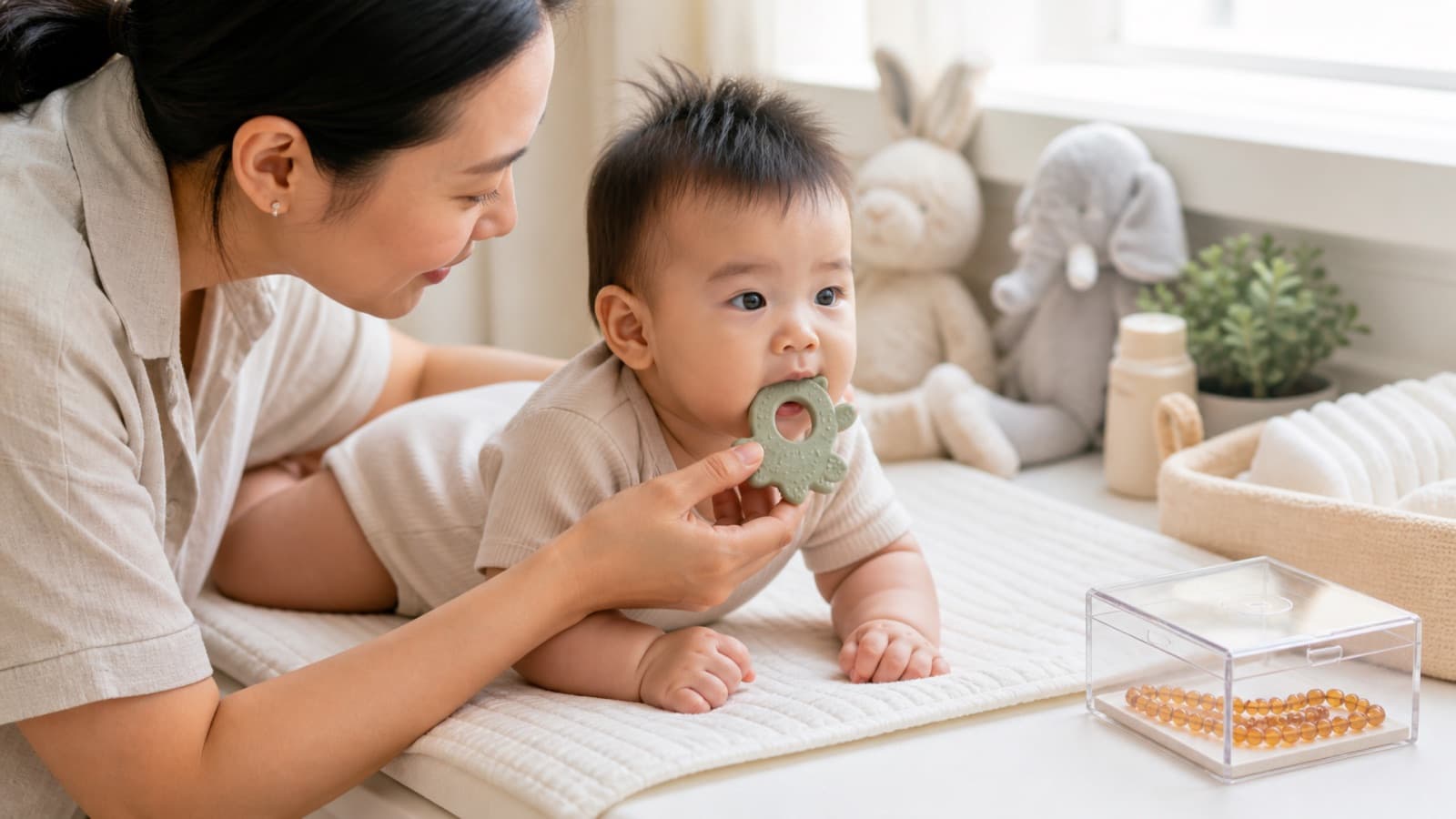 A baby lying on her front on a changing mat chewing a green silicone teether her mother is holding, soft toys behind