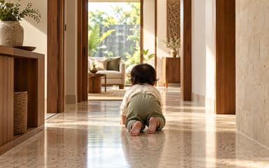 A baby crawling down a sunlit hallway in a tropical home