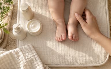 A baby's feet on a muslin changing mat beside cream and lotion