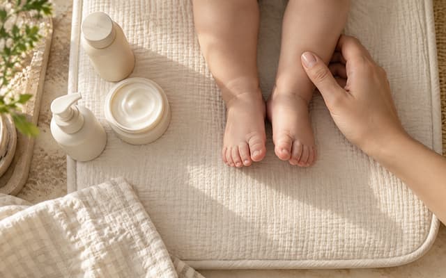 A baby's feet on a muslin changing mat beside cream and lotion