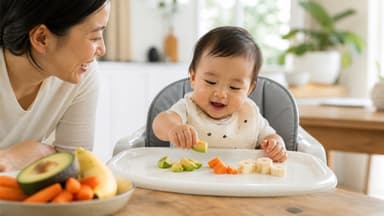 A baby in a high chair picking up a piece of avocado from a tray of soft-cut avocado, carrot and banana while her mother watches