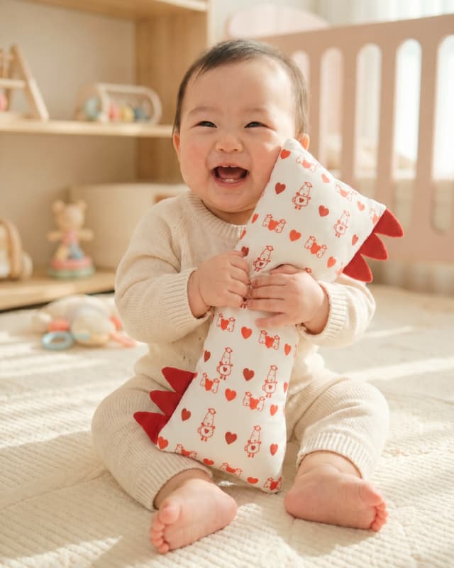 A baby sitting on a rug holding a heart-print Little Rei buddy pillow