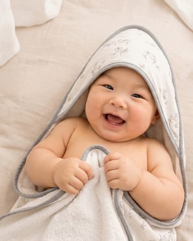 A baby laughing in a Little Rei bamboo hooded towel after a bath