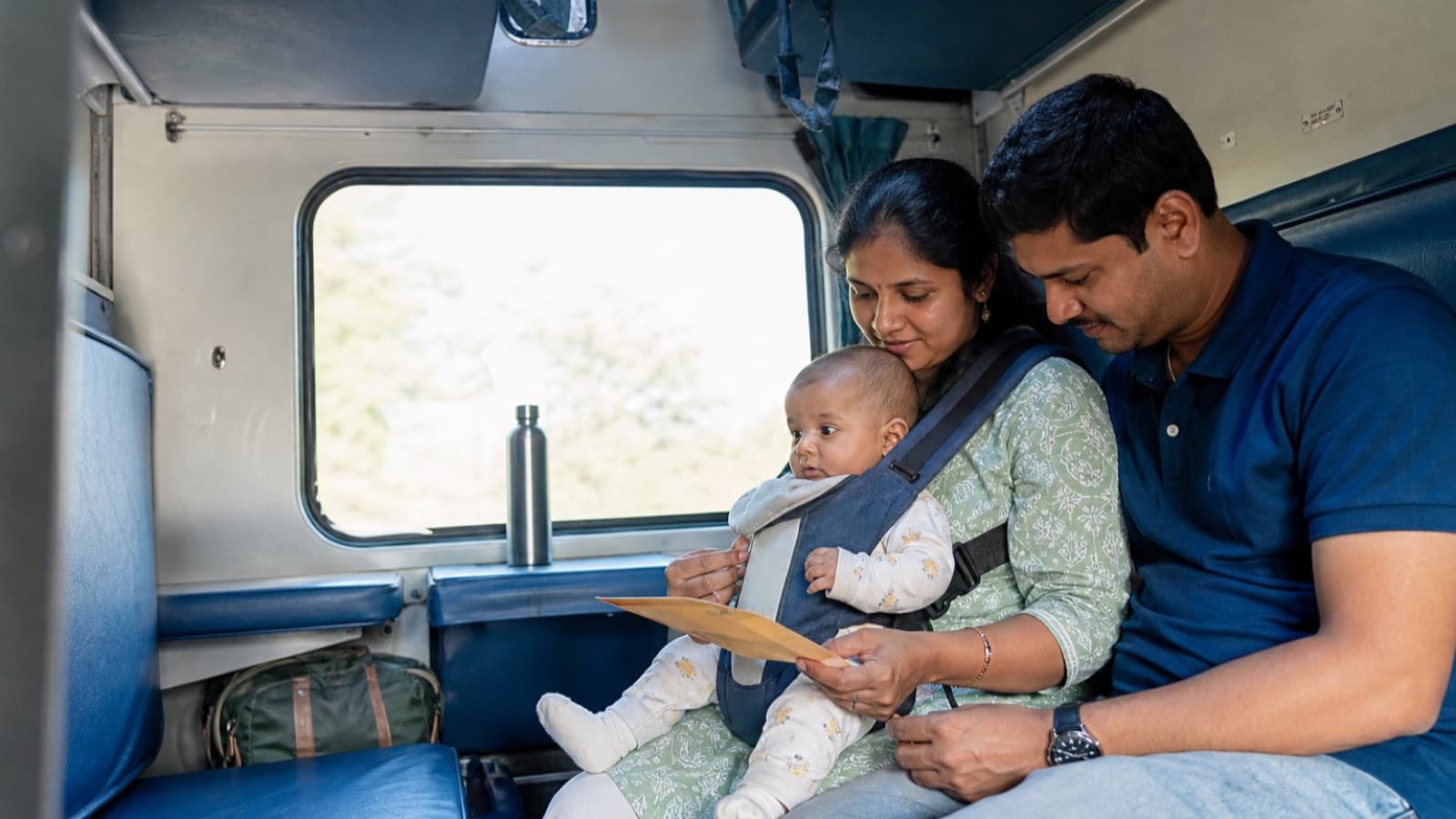 Two parents sitting on a train berth reading a ticket together, their baby upright in a carrier on the mother's chest, a bag stowed beneath the seat