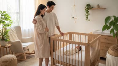 A baby asleep on her back in an otherwise empty wooden cot while her parents stand watching from the doorway of a sunlit nursery