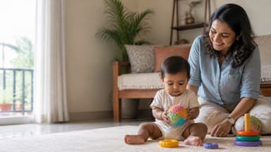 A baby sitting on a rug turning a textured rubber ball over in both hands while her mother watches, stacking rings beside them