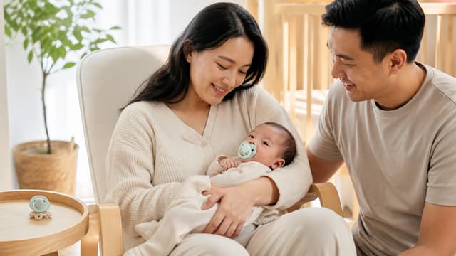 A mother in a nursing chair holding a swaddled baby settled with a dummy, the father crouched beside them, a spare dummy on a side table