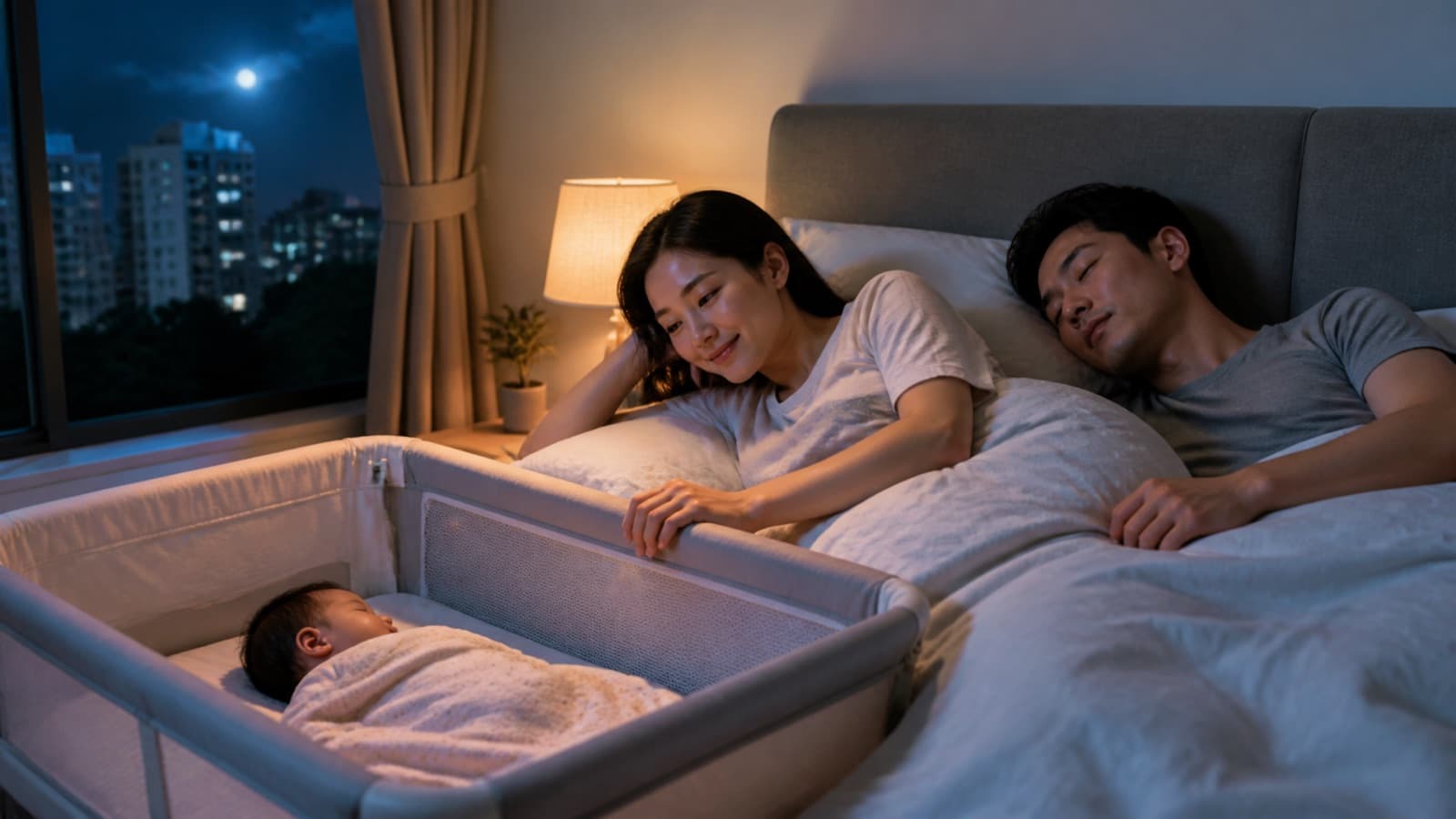 A baby asleep in a bedside crib attached to the parents' bed at night, with a lit city view through the window