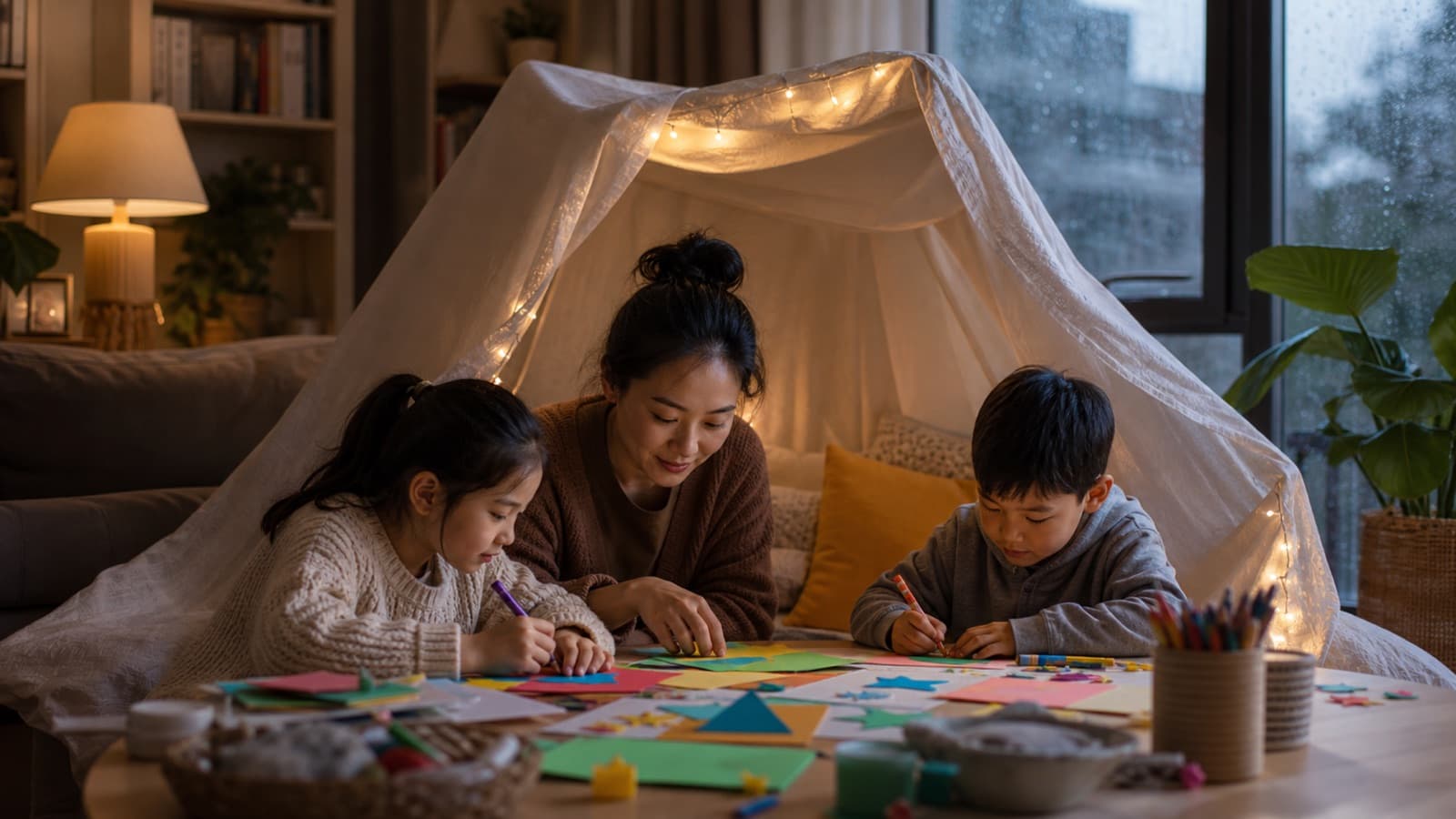 A mother and two children doing paper crafts under a blanket den strung with fairy lights, rain running down the window behind