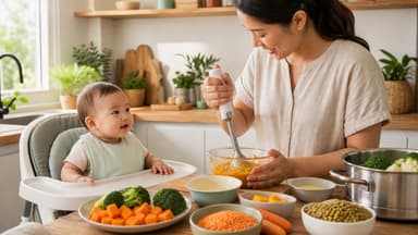 A mother blending an orange vegetable purée in a glass bowl at the kitchen counter while her baby watches from a high chair, steamed broccoli and carrot laid out in front