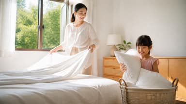 A mother shaking out a clean white sheet over a bed while her young daughter carries pillows in a laundry basket, the window open behind them