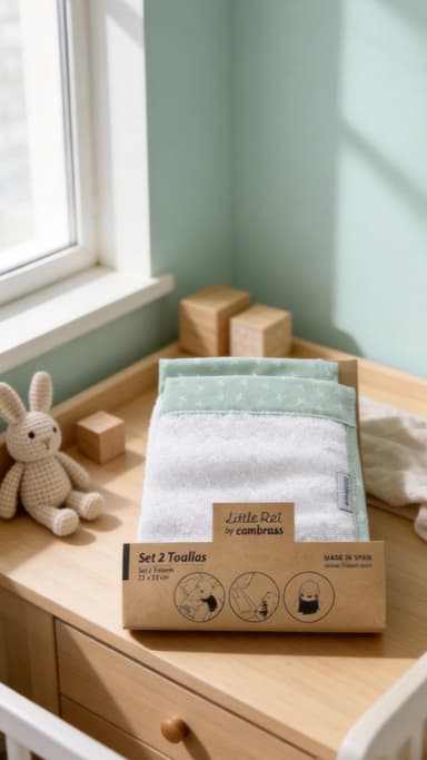 A changing table by a window with folded bamboo towels and a soft toy rabbit