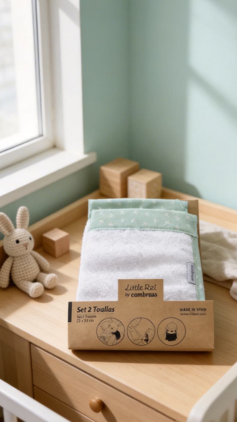 A changing table by a window with folded bamboo towels and a soft toy rabbit