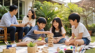 Three children sitting on a picnic blanket in a garden building a tower of wooden blocks together, two parents talking on chairs behind them