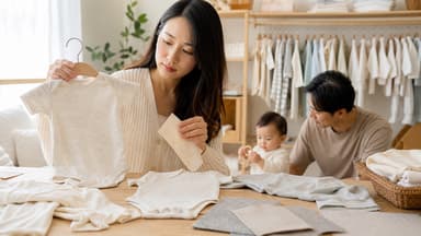 A mother comparing fabric swatches against a plain baby bodysuit on a hanger, with folded bodysuits laid out and a rail of baby clothes behind