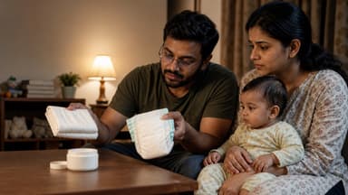 A father holding a folded cloth nappy in one hand and a disposable in the other, a pot of barrier cream on the table, the mother beside him with their baby