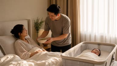 A husband bringing a bowl of soup to his wife resting in bed during confinement, with their newborn asleep in a bedside crib