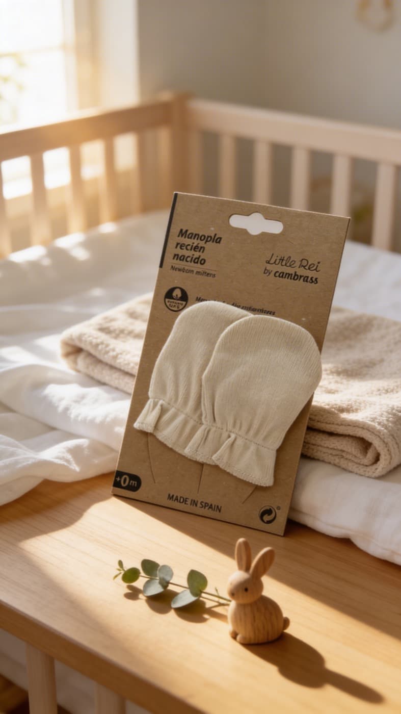 A cot corner with folded blankets and mittens on a wooden shelf, ready for bedtime