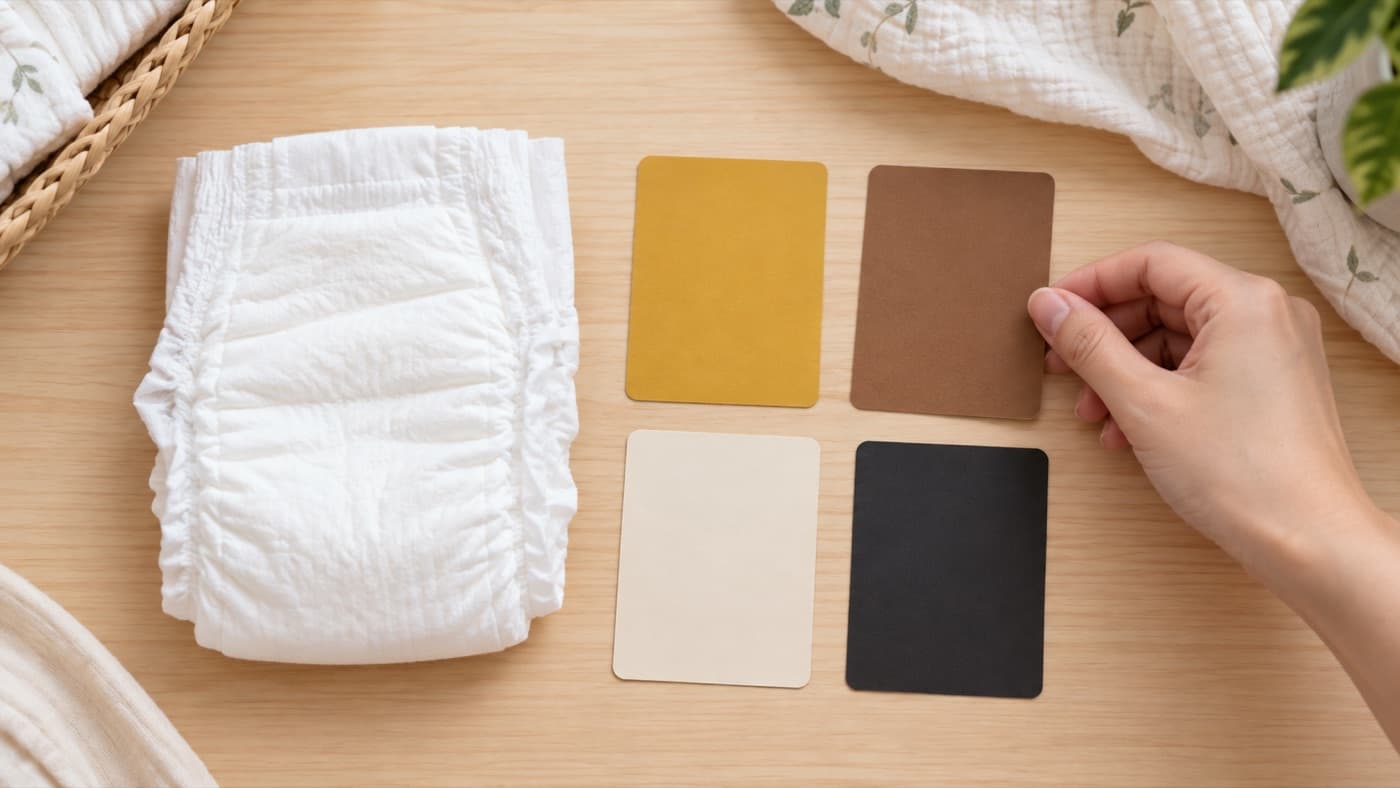 A clean diaper on a wooden table next to mustard, brown, white and black colour cards, a hand touching the brown one