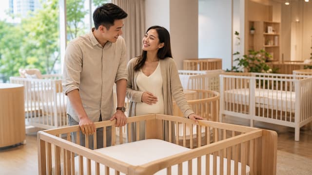 An expectant couple looking at wooden cots together in a bright showroom, the mother resting a hand on her bump