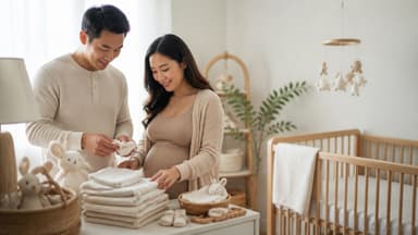 An expectant couple folding a stack of muslins on a changing top in a nursery, beside a wooden cot and a hanging mobile