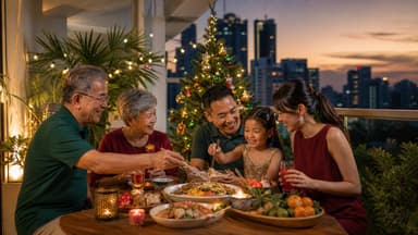 Three generations sharing a meal at a balcony table at dusk, a lit Christmas tree and the city skyline behind them