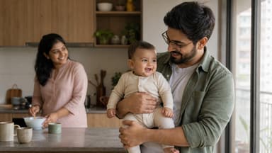 A father holding a laughing baby in a kitchen while the mother stirs a bowl at the counter behind them