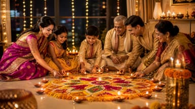 Three generations of a family kneeling together to place lit oil lamps around a flower rangoli, string lights and a city view behind