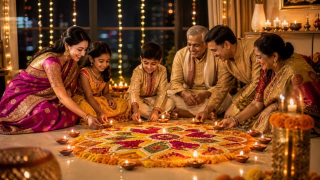 Three generations of a family kneeling together to place lit oil lamps around a flower rangoli, string lights and a city view behind