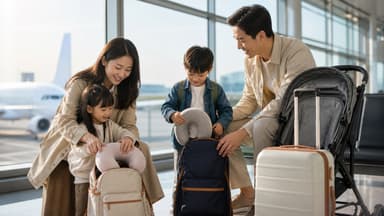 A family repacking backpacks at an airport gate with a folded pram and suitcase beside them, an aircraft on the stand outside
