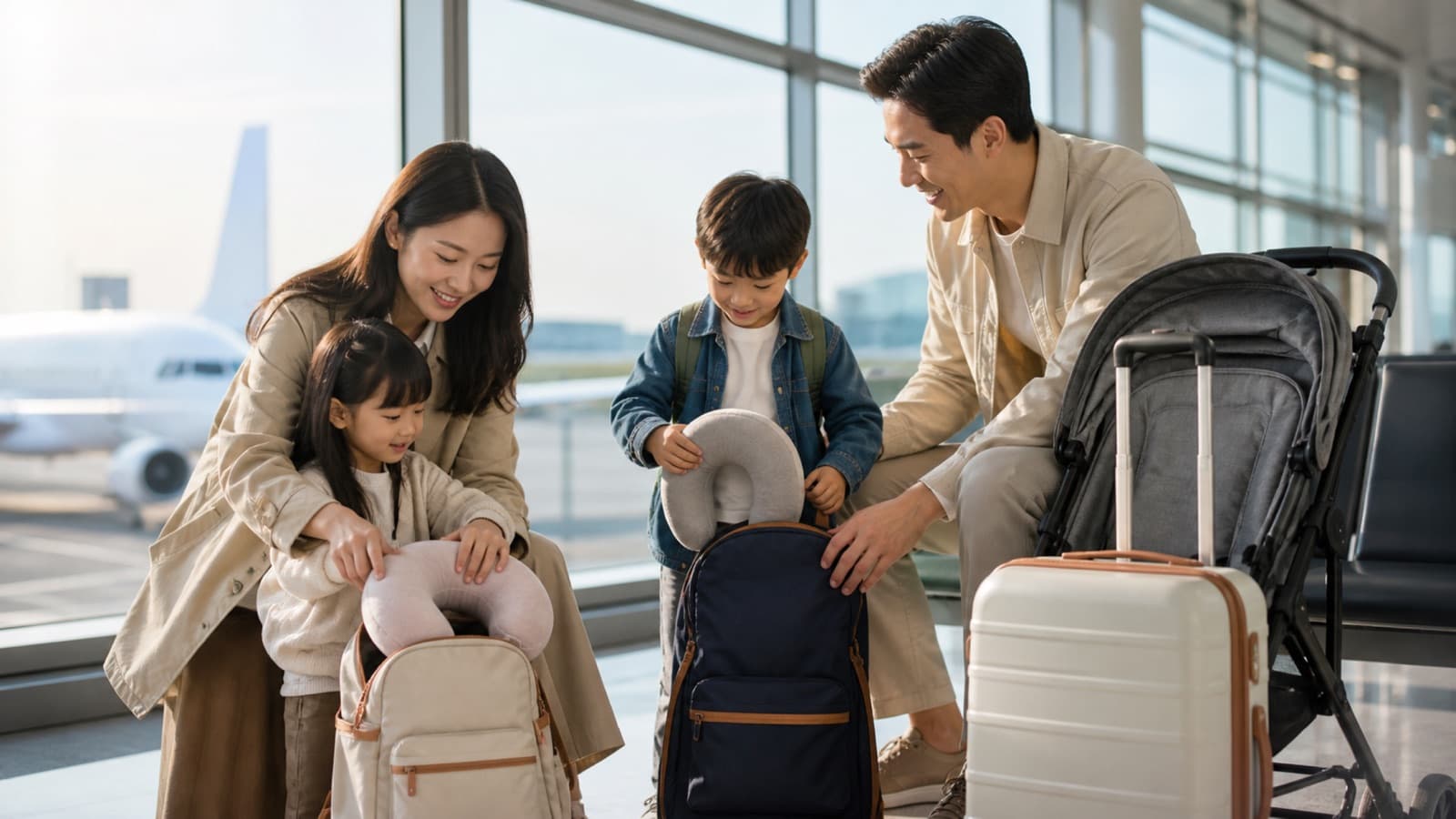 A family repacking backpacks at an airport gate with a folded pram and suitcase beside them, an aircraft on the stand outside