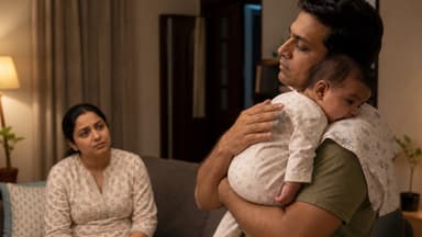 A father holding a baby upright against his shoulder with a muslin laid over it, the mother watching from the sofa in lamplight