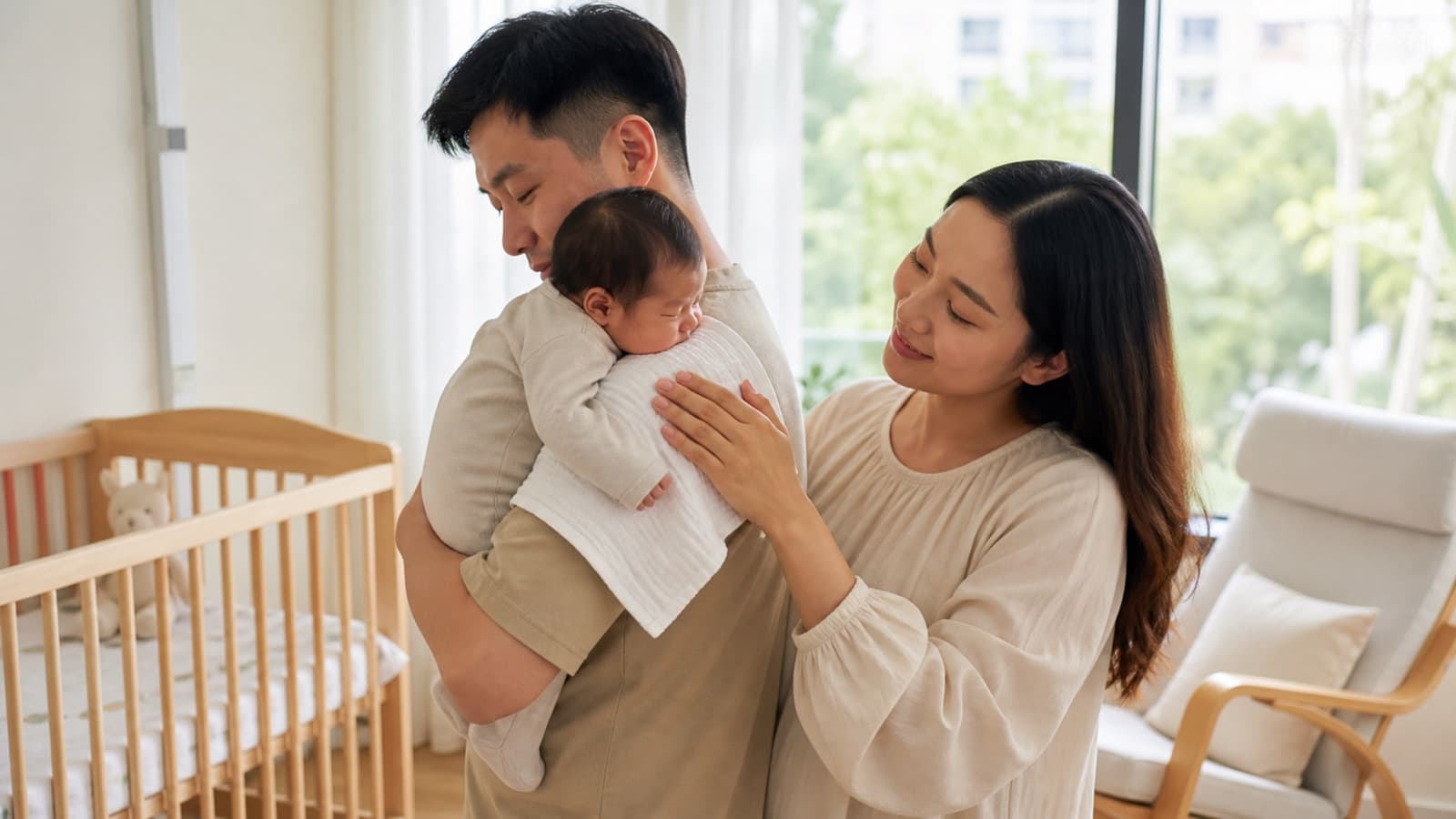 A father holding a baby upright against his shoulder to burp her while the mother rests a hand on her back, in a nursery beside a wooden cot
