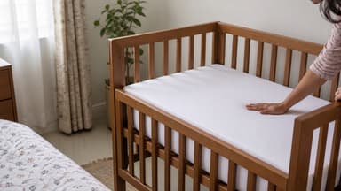 A hand pressing down on the bare firm mattress of a wooden cot standing beside a bed, nothing else in the cot