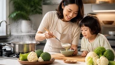 A mother ladling vegetable purée into a small bowl at the hob while her toddler watches from the counter, broccoli and cauliflower in front