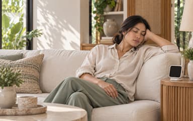 A mother asleep on the sofa beside a baby monitor