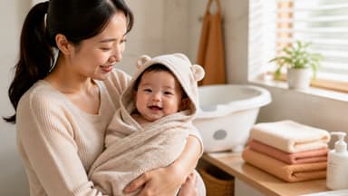 A smiling mother holding a baby wrapped in a bear-eared hooded towel, with a baby bath and folded towels behind them