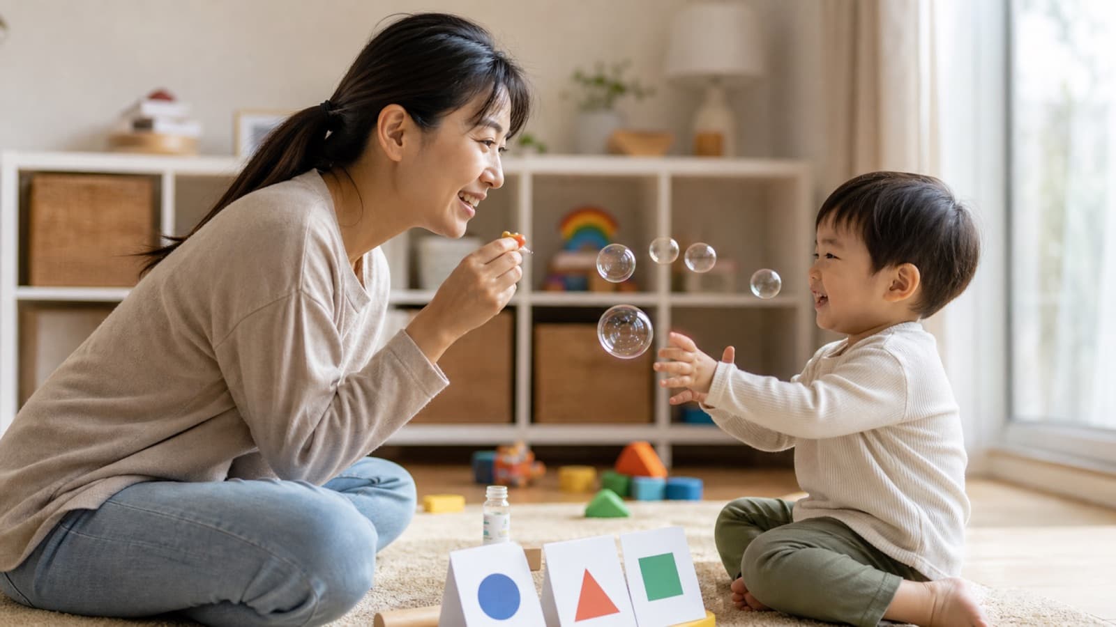 A mother sitting on a playroom rug blowing bubbles toward her toddler, who is laughing and reaching for them, shape cards laid out between them
