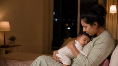 A mother sitting up in bed at night holding her sleeping newborn against her chest, lamplight and a city window behind