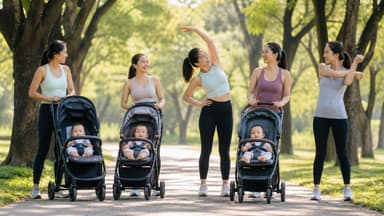Five mothers stretching and talking together on a tree-lined park path, three of them with babies in prams