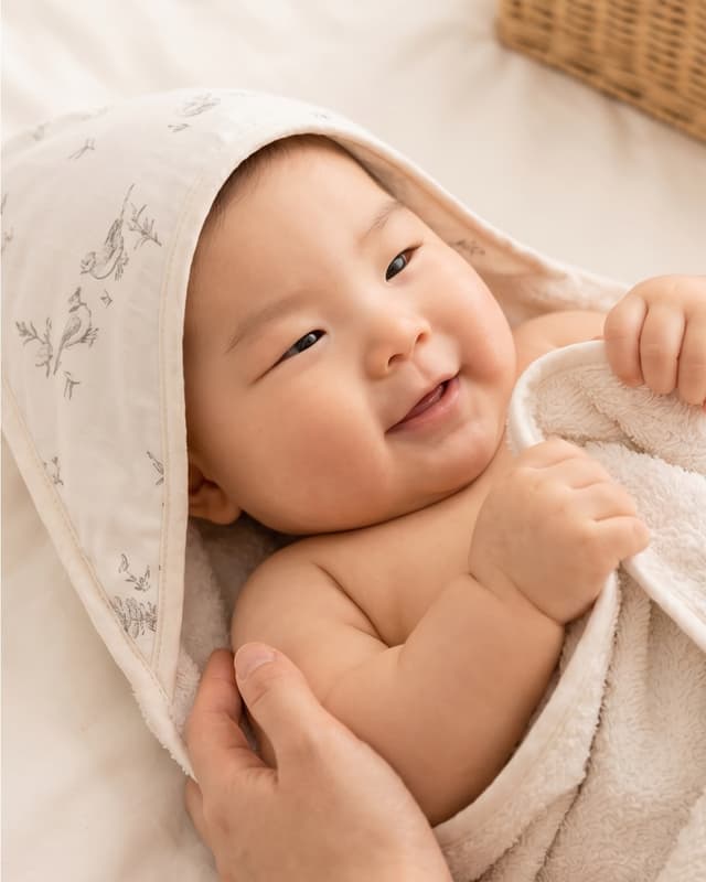 A newborn wrapped in a Little Rei bamboo hooded towel, hands tucked under their chin