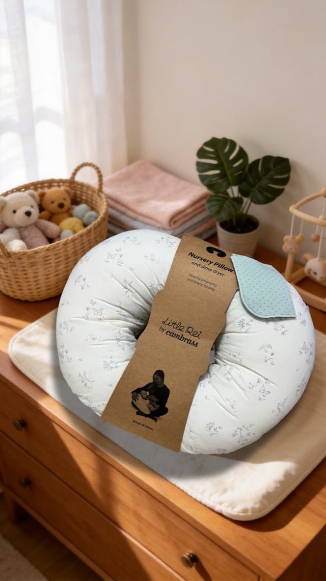 A nursery corner in daylight with a pillow, folded blankets and a plant by the window
