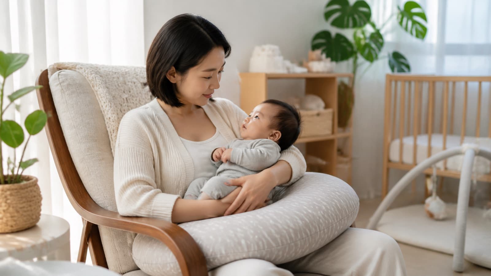 A mother sitting in a nursing chair with her baby supported on a feeding pillow, looking up at her, a cot behind them
