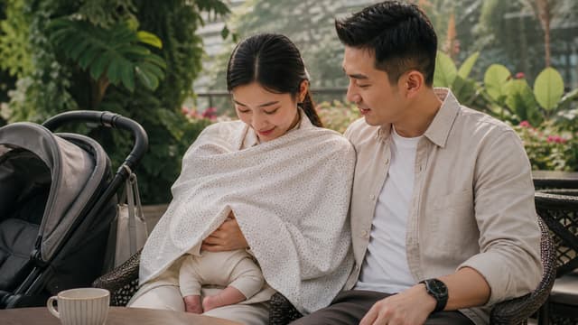 A mother feeding her baby under a draped muslin cover at an outdoor table, the father beside her and a pram alongside
