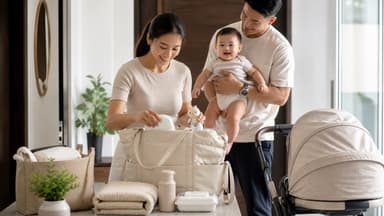 A mother packing a nappy into a changing bag by the front door while a father holds their baby beside a pram