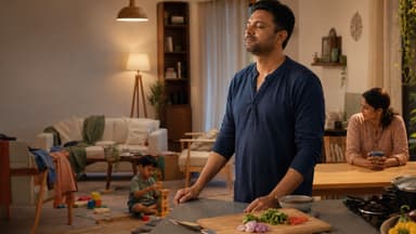 A father standing at a kitchen counter with his eyes closed taking a breath, chopped vegetables in front of him, a toddler playing among scattered toys behind and his partner watching from the table