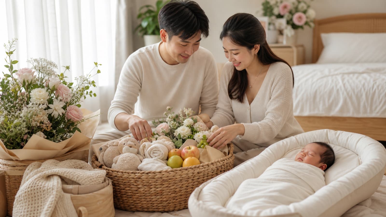 Two parents unpacking a woven gift hamper of muslins, soft toys and fruit on a bed, their swaddled newborn asleep in a nest beside them