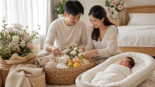 Two parents unpacking a woven gift hamper of muslins, soft toys and fruit on a bed, their swaddled newborn asleep in a nest beside them